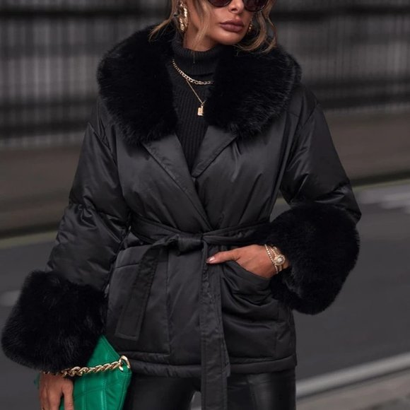 . Jackets & Blazers - Faux fur Collar Belted Puffer Coat jacket contemporary minimalist